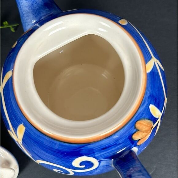 Herman Dodge & Son Ceramic Teapot Blue White Beige Floral Hand Painted - Picture 8 of 12
